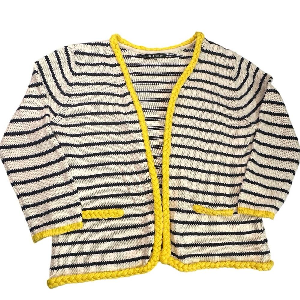 Cable & Gauge Striped Cardigan Braided Trim Navy Knit